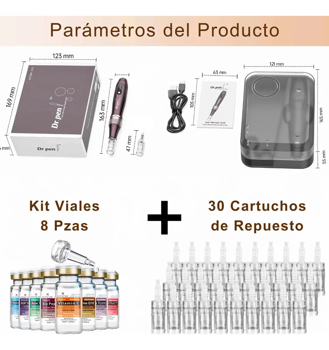 Dr. Pen A10 Pluma Facial Inalámbrica Premium + 30 Cartuchos + Kit 8 Viales