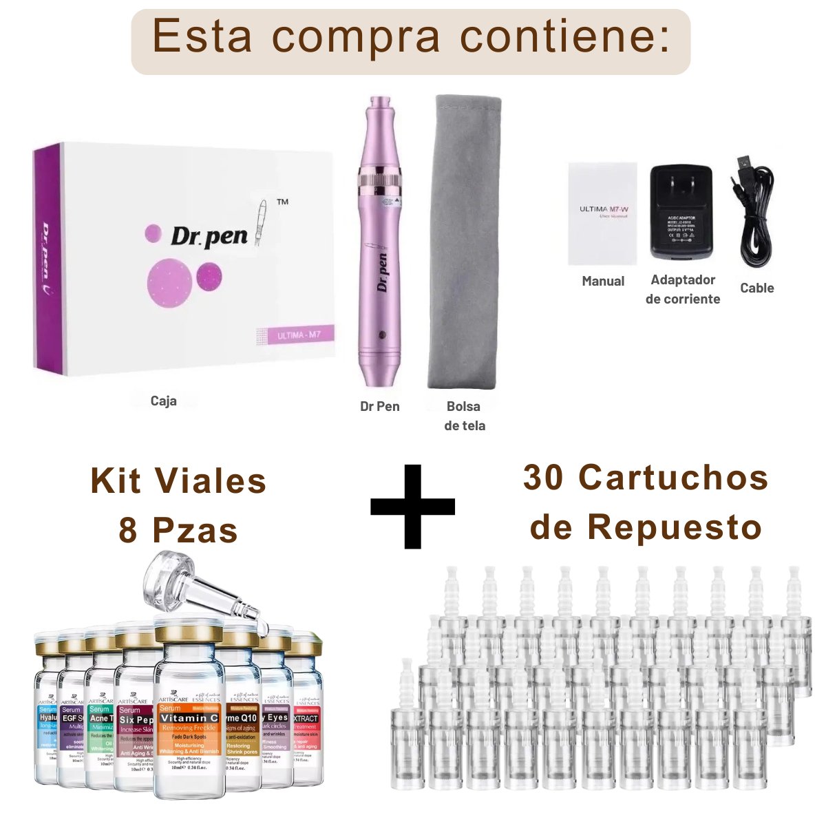Dr. Pen M7-W Inalámbrica Pluma Facial Dermapen + 30 Cartuchos + Kit 8 Viales