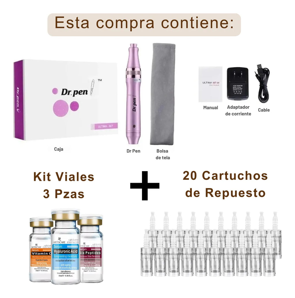Dr. Pen M7-W Inalámbrica Pluma Facial + 20 Cartuchos + Kit 3 Viales