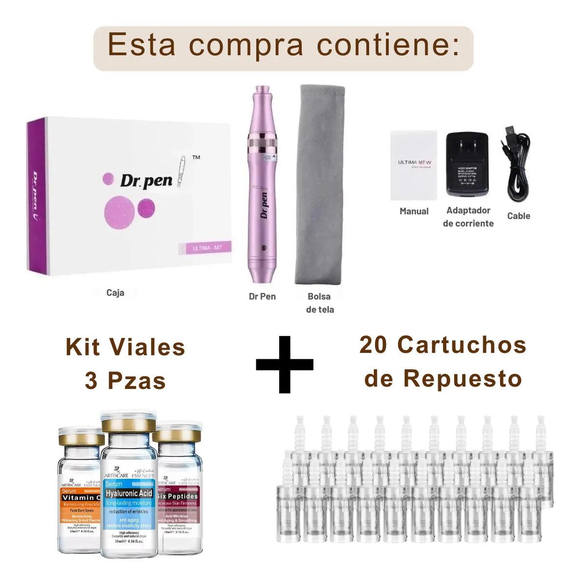 Dr. Pen M7-W Inalámbrica Pluma Facial + 20 Cartuchos + Kit 3 Viales